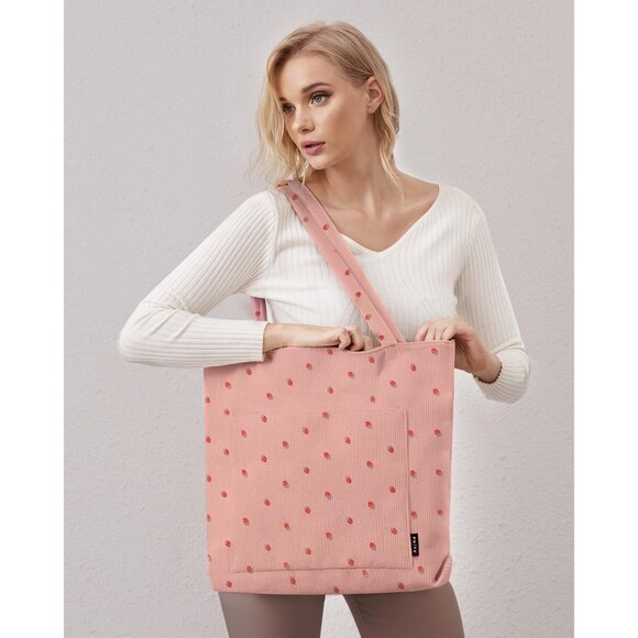 Women Strawberry Corduroy Polyester Lining Shoulder Bag with Zipper And Pockets - Picture 7 of 7